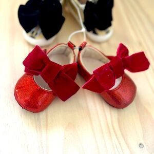2 pair 3-6 month baby girl shoes.  Velvet bow styles.